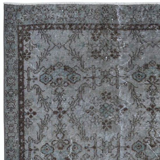 Handmade Turkish Accent Rug in Gray Tones, Low Pile Small Carpet, Modern Flower Design Floor Covering