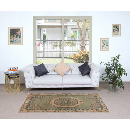Green Accent Rug, Handmade Turkish Carpet, Geometric Medallion Design Floor Covering