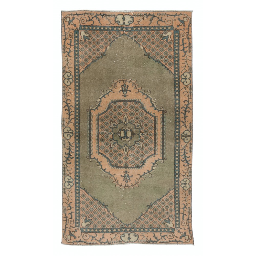 Green Accent Rug, Handmade Turkish Carpet, Geometric Medallion Design Floor Covering