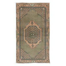 Green Accent Rug, Handmade Turkish Carpet, Geometric Medallion Design Floor Covering