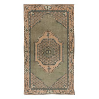 Green Accent Rug, Handmade Turkish Carpet, Geometric Medallion Design Floor Covering