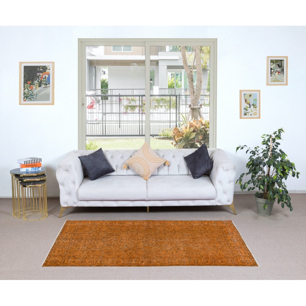 Hand-Made Turkish Accent Rug in Orange, Modern Upcycled Carpet with Floral Design