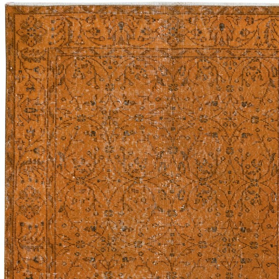 Hand-Made Turkish Accent Rug in Orange, Modern Upcycled Carpet with Floral Design