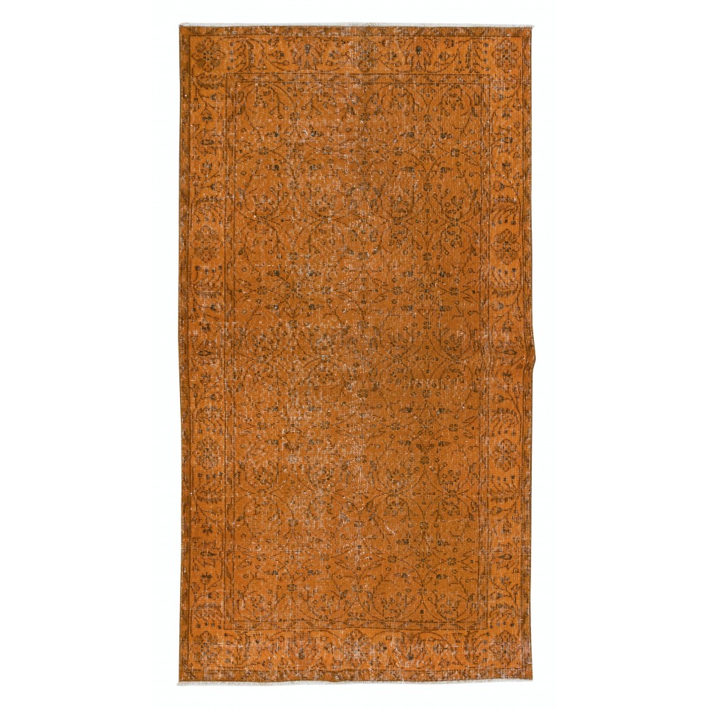 Hand-Made Turkish Accent Rug in Orange, Modern Upcycled Carpet with Floral Design