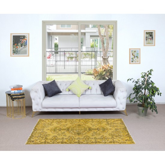 Modern Handmade Turkish Accent Rug, Yellow Over-Dyed Carpet with Medallion Design