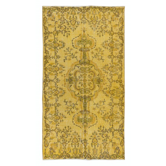 Modern Handmade Turkish Accent Rug, Yellow Over-Dyed Carpet with Medallion Design