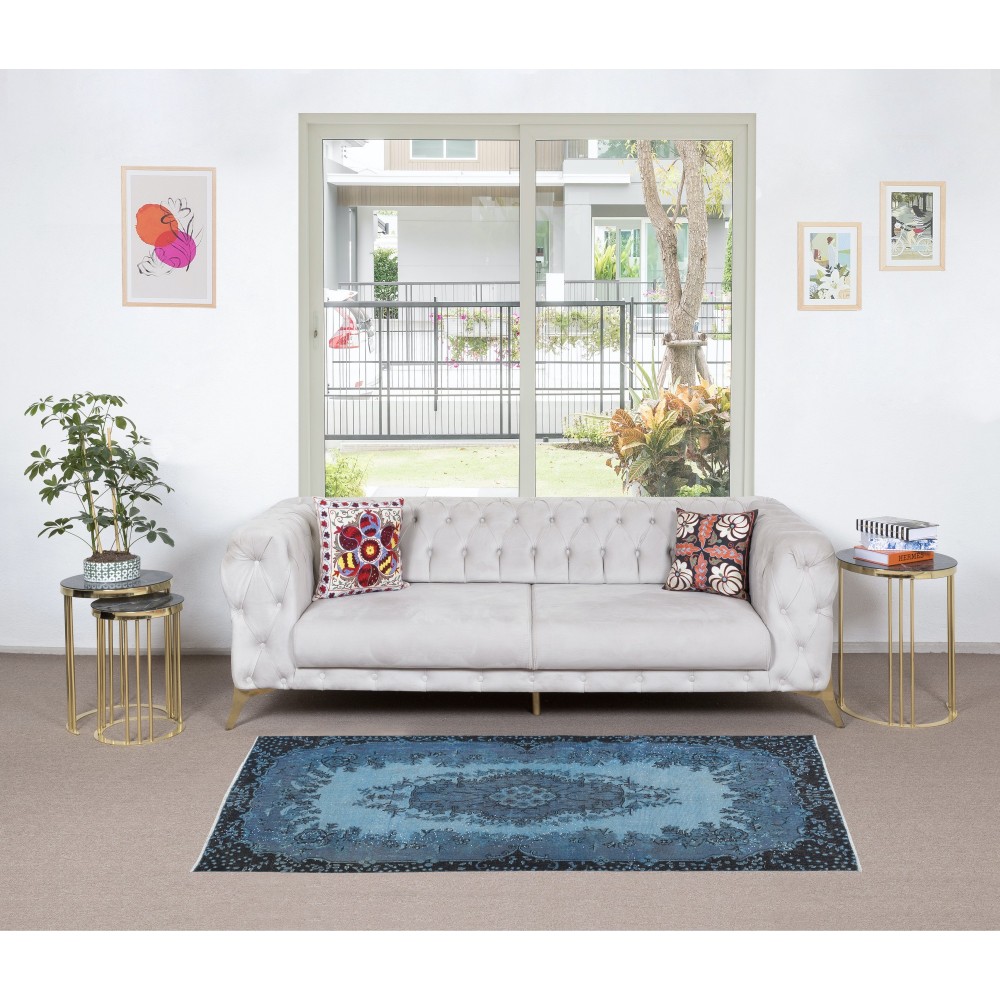 Handmade Turkish Small Rug in Blue Tones, Low Pile Carpet, Modern Medallion Design Floor Covering