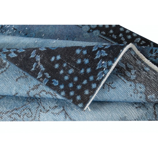 Handmade Turkish Small Rug in Blue Tones, Low Pile Carpet, Modern Medallion Design Floor Covering