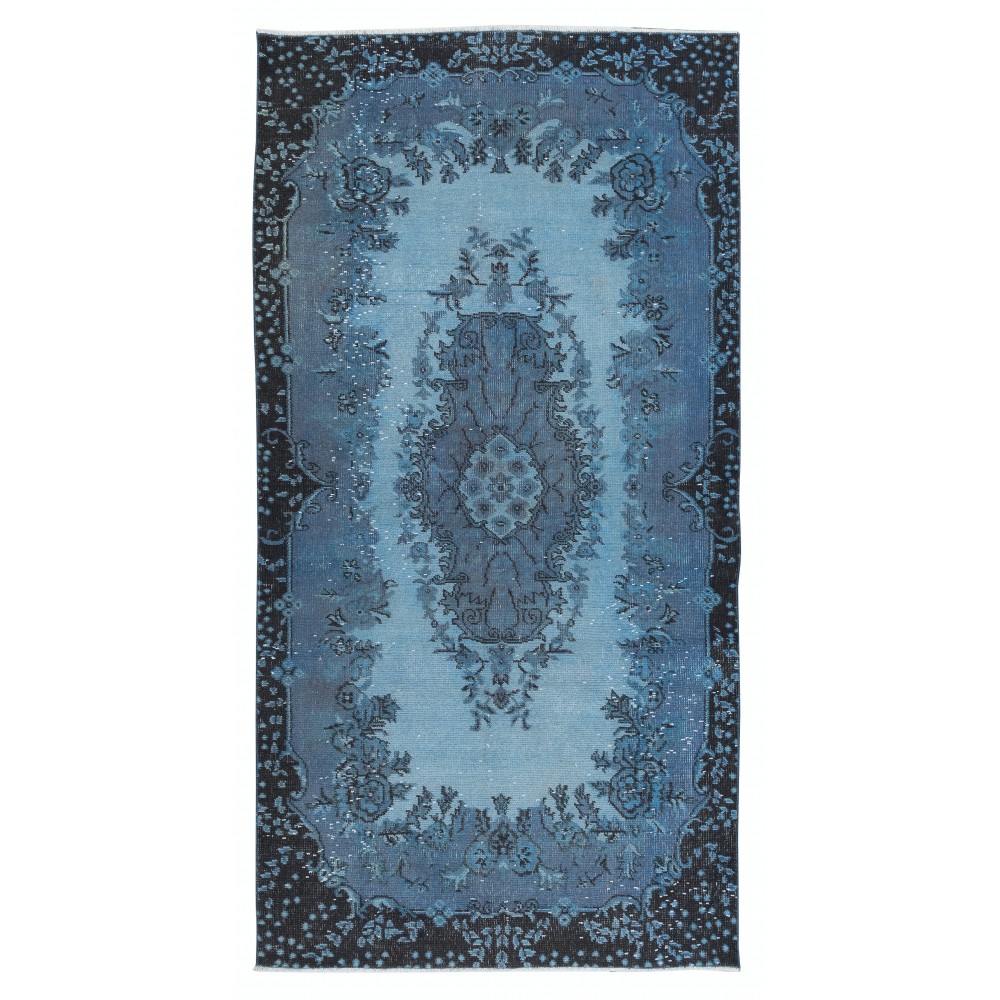 Handmade Turkish Small Rug in Blue Tones, Low Pile Carpet, Modern Medallion Design Floor Covering