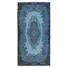 Handmade Turkish Small Rug in Blue Tones, Low Pile Carpet, Modern Medallion Design Floor Covering