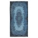 Handmade Turkish Small Rug in Blue Tones, Low Pile Carpet, Modern Medallion Design Floor Covering