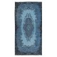 Handmade Turkish Small Rug in Blue Tones, Low Pile Carpet, Modern Medallion Design Floor Covering