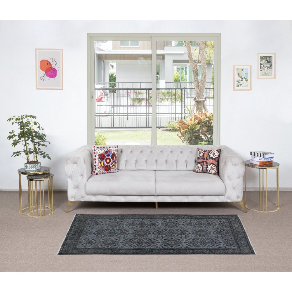 Floral Patterned Handmade Turkish Accent Rug in Gray, Ideal for Contemporary Interiors