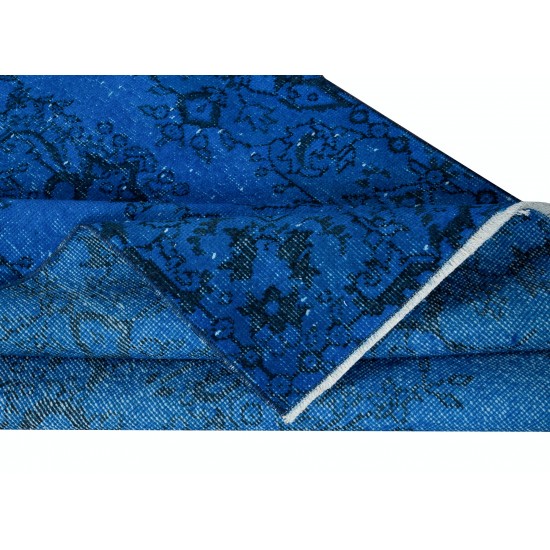 Handmade Vintage Turkish Small Rug Over-Dyed in Blue with Medallion Design, Ideal for Modern Interiors