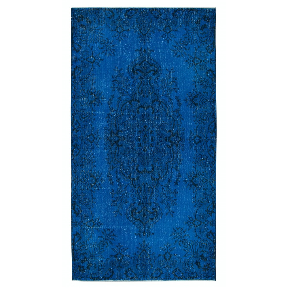 Handmade Vintage Turkish Small Rug Over-Dyed in Blue with Medallion Design, Ideal for Modern Interiors