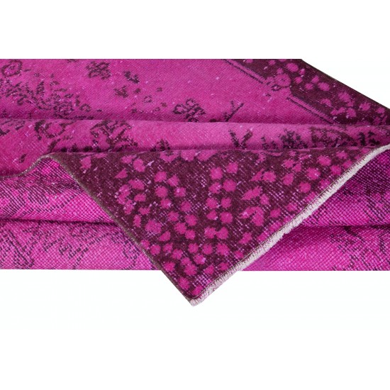 Hot Pink Anatolian Wool Rug with Medallion, Modern Handmade Carpet