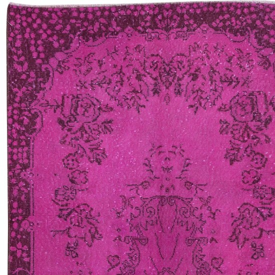 Hot Pink Anatolian Wool Rug with Medallion, Modern Handmade Carpet