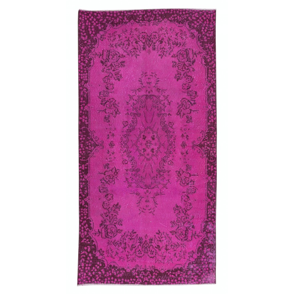 Hot Pink Anatolian Wool Rug with Medallion, Modern Handmade Carpet