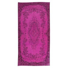 Hot Pink Anatolian Wool Rug with Medallion, Modern Handmade Carpet