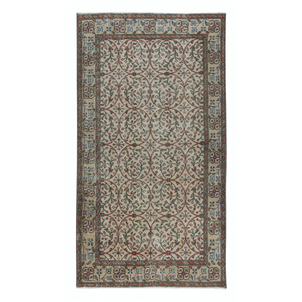 Vintage Hand Knotted Anatolian Rug in Beige with All-Over Floral Design