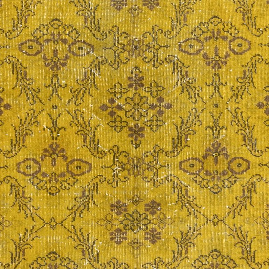 Small Handmade Turkish Area Rug, Yellow Over-Dyed Carpet with Floral Design