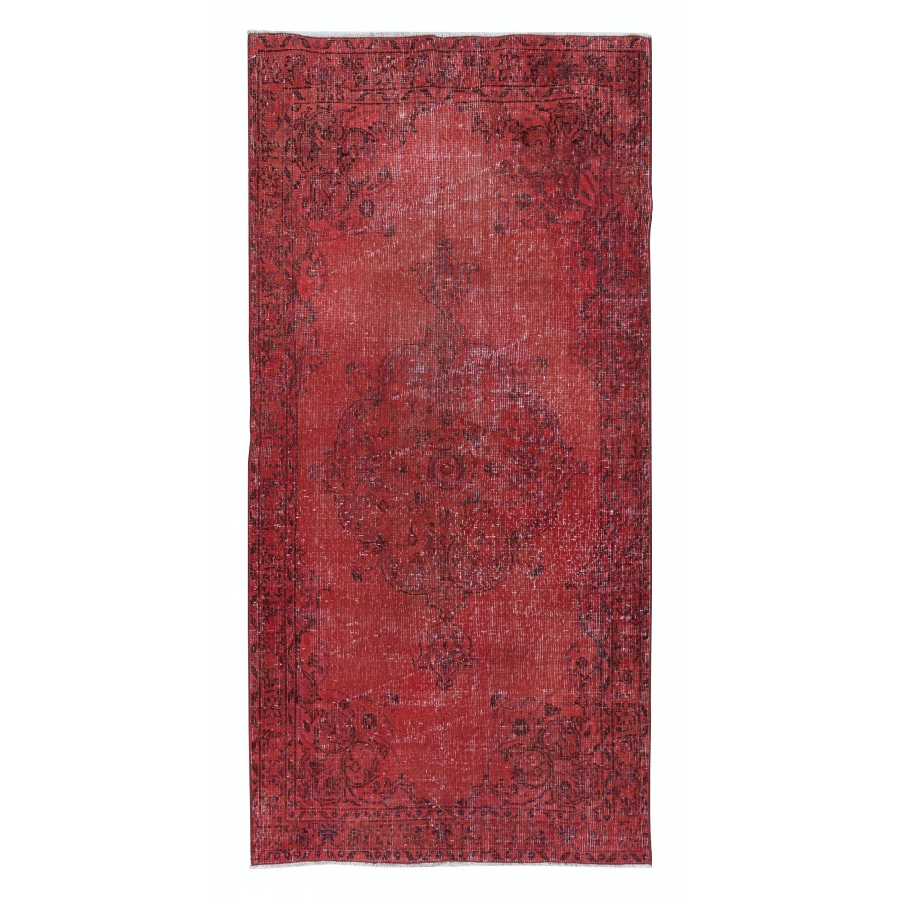 Red Handmade Turkish Rug for Entryway & Kitchen Decor, Modern Redyed Carpet for Living Room