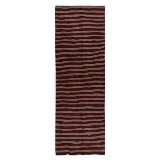 Vintage Hand-Woven Anatolian Runner Kilim with Burgundy Red, Brown & Black Stripes 'Flat-Weave'