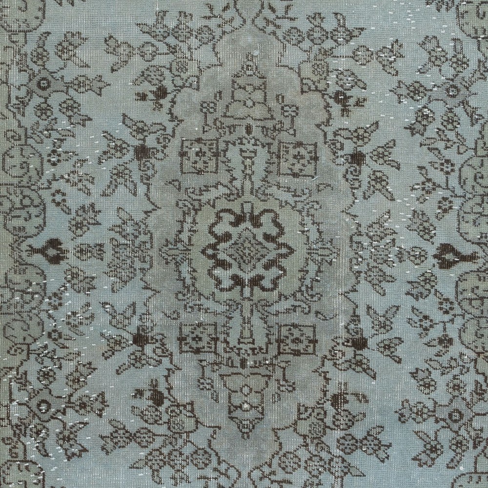 Turkish Handmade Floral Accent Rug in Sky Blue, Low Pile Carpet with Medallion Design, Great 4 Modern Interiors