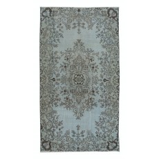 Turkish Handmade Floral Accent Rug in Sky Blue, Low Pile Carpet with Medallion Design, Great 4 Modern Interiors
