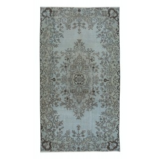 Turkish Handmade Floral Accent Rug in Sky Blue, Low Pile Carpet with Medallion Design, Great 4 Modern Interiors
