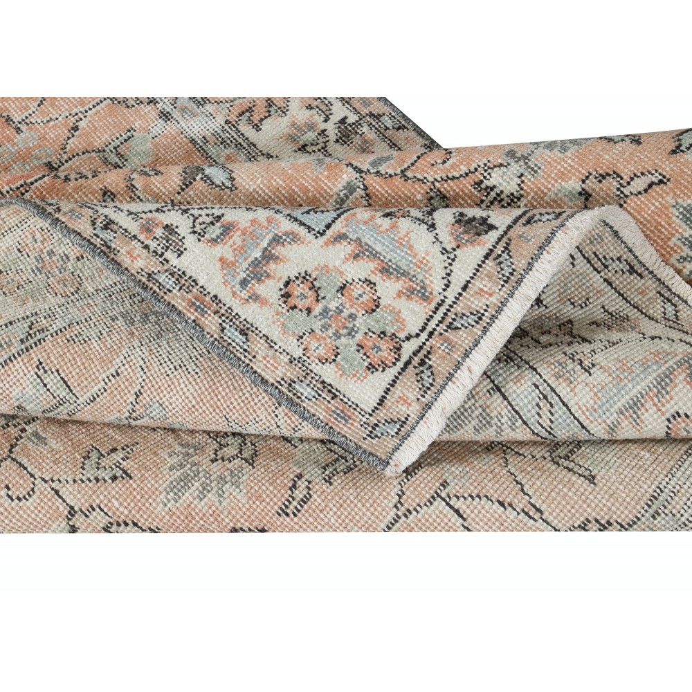 Romantic Vintage Handmade Turkish Rug in Soft Red & Beige with Botanical Design