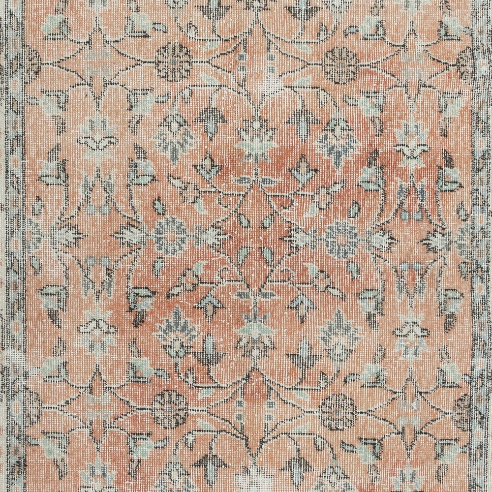 Romantic Vintage Handmade Turkish Rug in Soft Red & Beige with Botanical Design