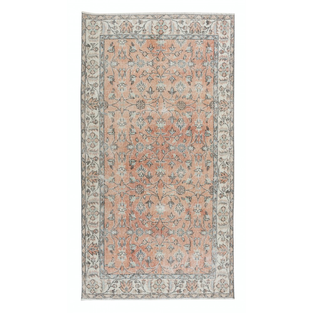 Romantic Vintage Handmade Turkish Rug in Soft Red & Beige with Botanical Design