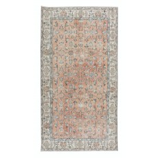 Romantic Vintage Handmade Turkish Rug in Soft Red & Beige with Botanical Design