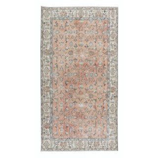 Romantic Vintage Handmade Turkish Rug in Soft Red & Beige with Botanical Design