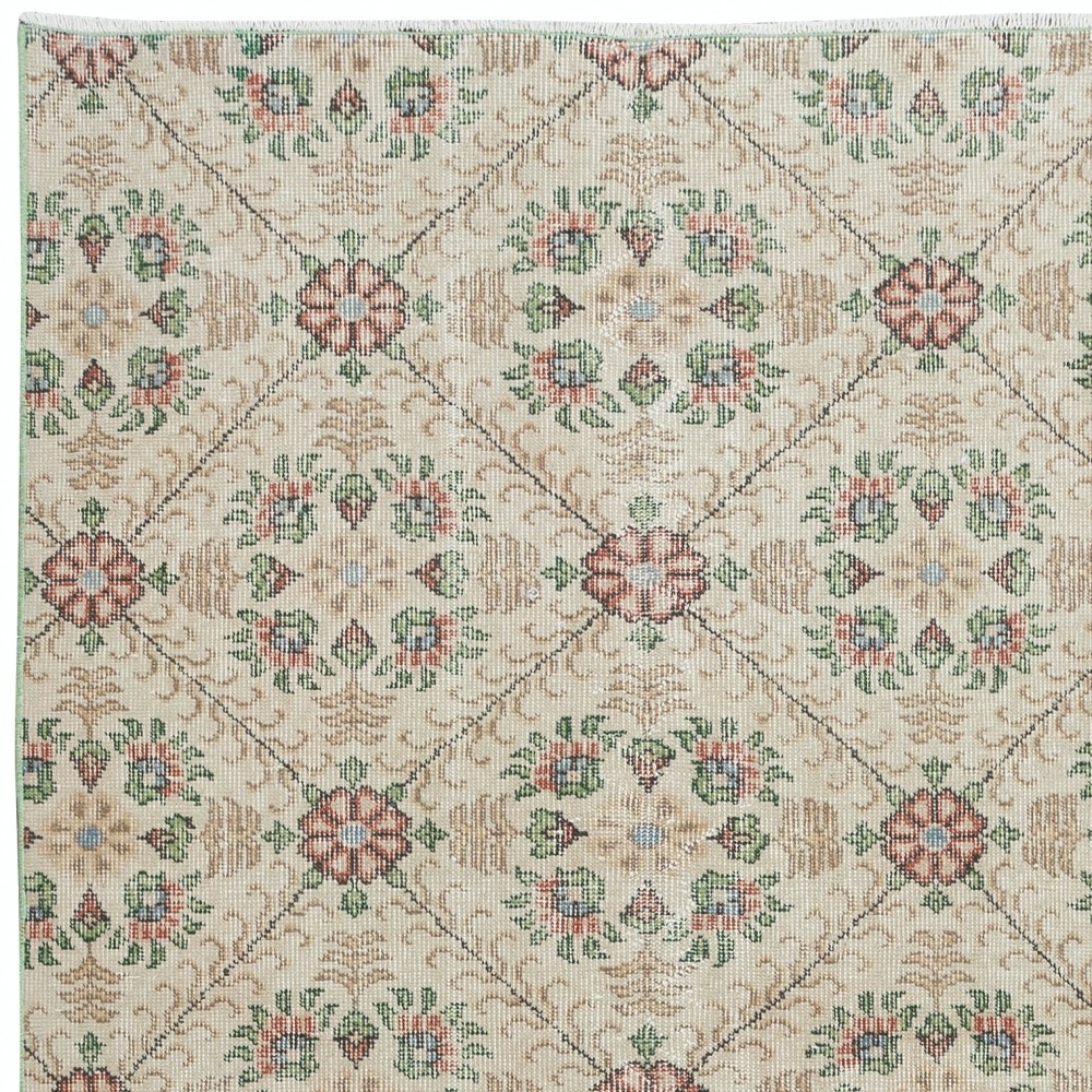 Handknotted Vintage Anatolian Rug with Beige Background and Green Floral Pattern
