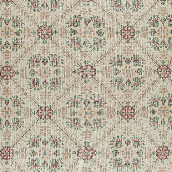 Handknotted Vintage Anatolian Rug with Beige Background and Green Floral Pattern