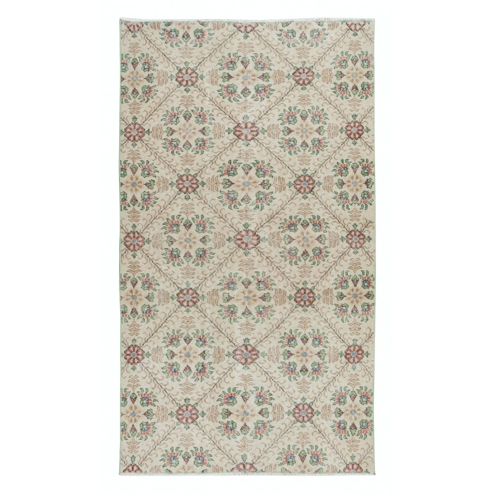 Handknotted Vintage Anatolian Rug with Beige Background and Green Floral Pattern