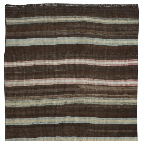 Vintage Anatolian Hallway Runner Kilim in Brown with Colorful Stripes, Flat-Weave Corridor Rug