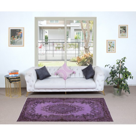 Ethnic Handmade Turkish Rug Over-Dyed in Purple, Vintage Carpet made of wool & cotton