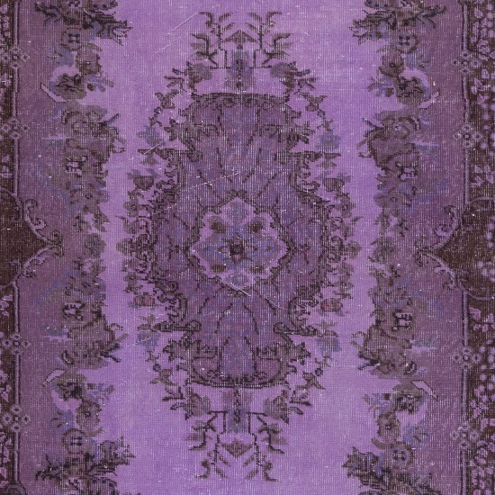 Ethnic Handmade Turkish Rug Over-Dyed in Purple, Vintage Carpet made of wool & cotton