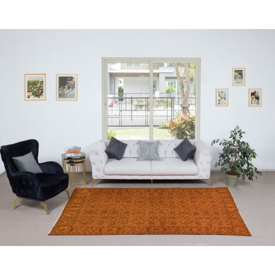 Handmade Rug with All-Over Floral Design, Orange Turkish Carpet, Woolen Floor Covering