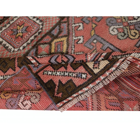 Handmade Geometric Medallion Design Rug, Ca 1960, Vintage Turkish Red Carpet