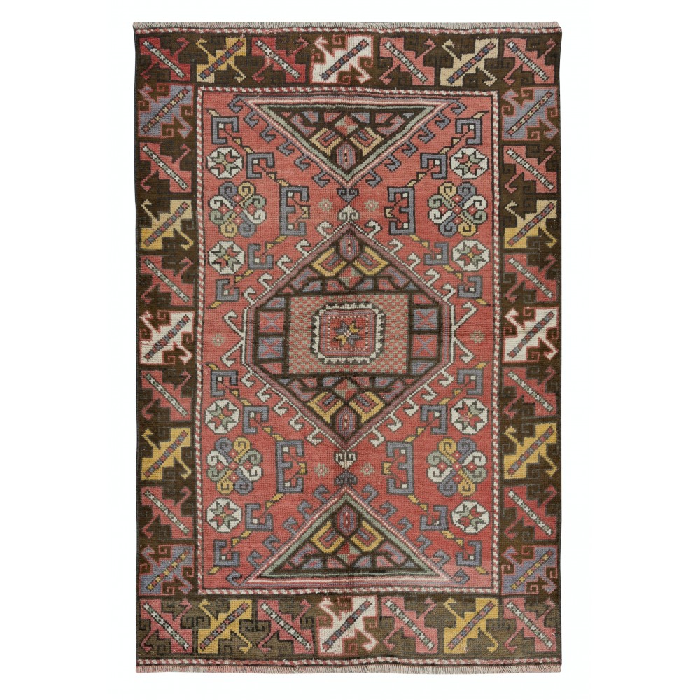 Handmade Geometric Medallion Design Rug, Ca 1960, Vintage Turkish Red Carpet