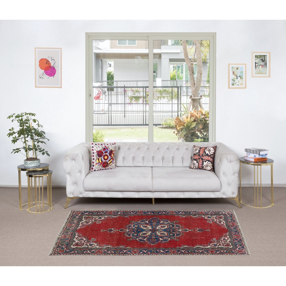 Traditional Vintage Handmade Turkish Tribal Rug, 100% Wool. Red, Dark Blue and Beige Colors