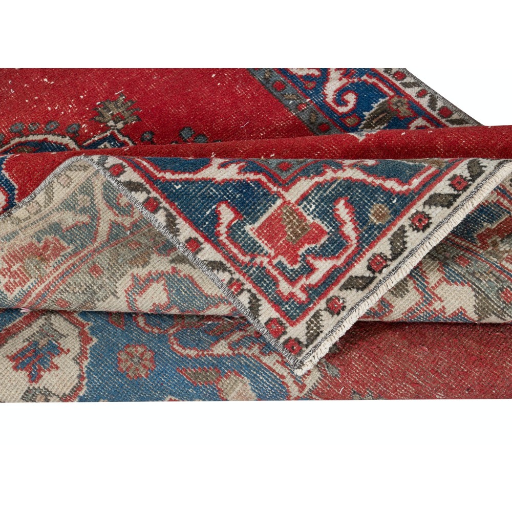 Traditional Vintage Handmade Turkish Tribal Rug, 100% Wool. Red, Dark Blue and Beige Colors