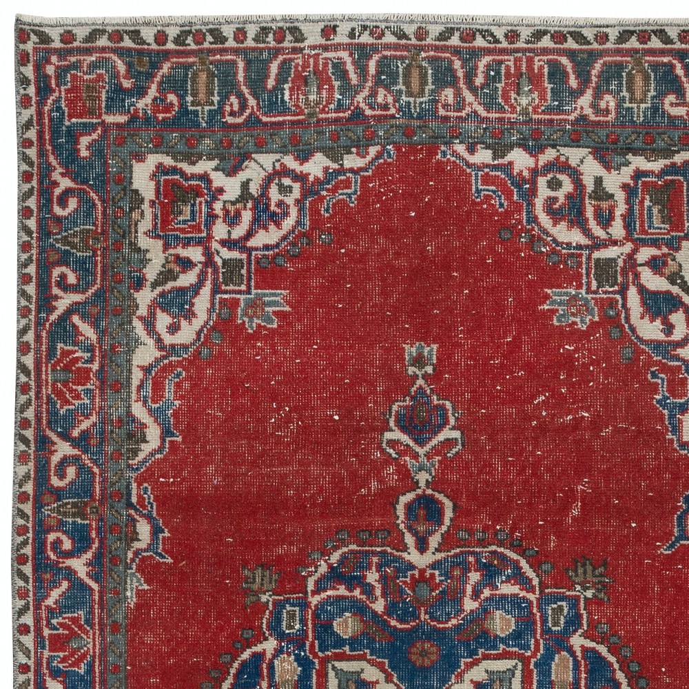 Traditional Vintage Handmade Turkish Tribal Rug, 100% Wool. Red, Dark Blue and Beige Colors