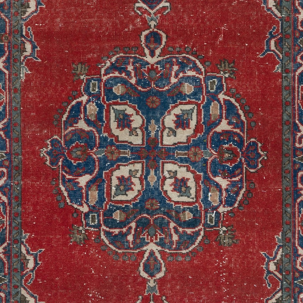 Traditional Vintage Handmade Turkish Tribal Rug, 100% Wool. Red, Dark Blue and Beige Colors