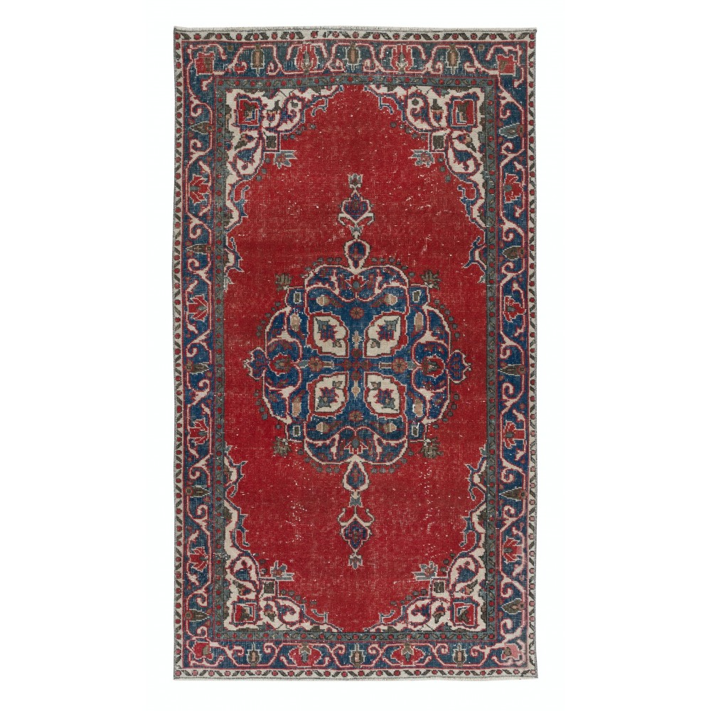 Traditional Vintage Handmade Turkish Tribal Rug, 100% Wool. Red, Dark Blue and Beige Colors