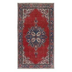 Traditional Vintage Handmade Turkish Tribal Rug, 100% Wool. Red, Dark Blue and Beige Colors